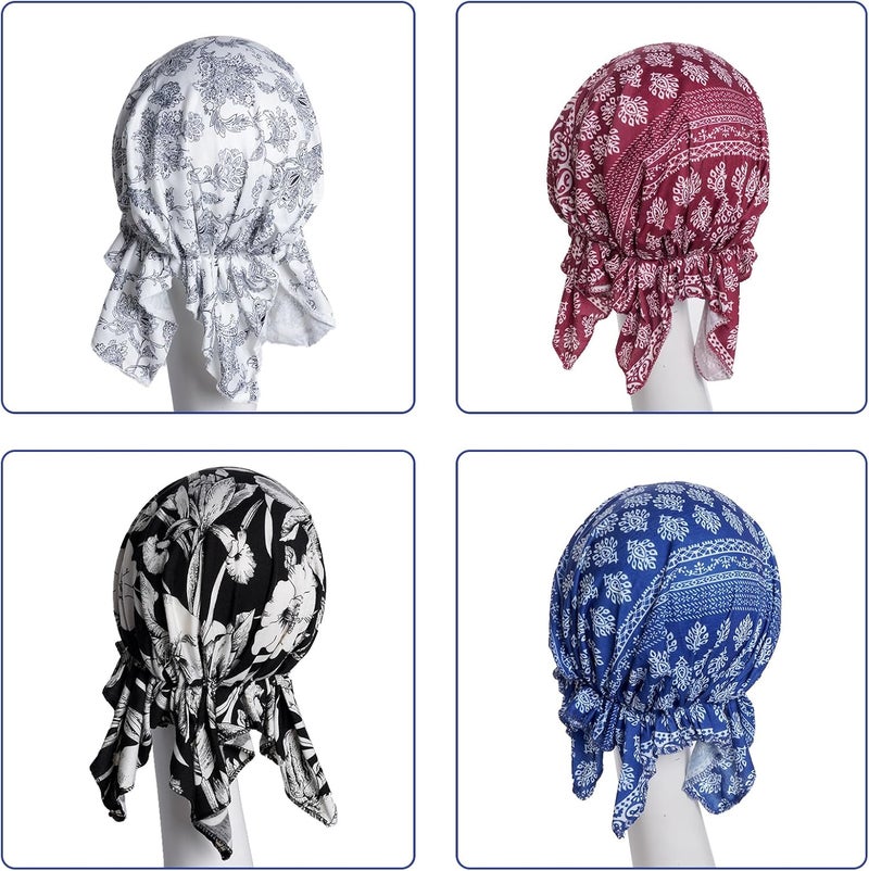 Sucrain 4pcs Pre-Tied Chemo Head Scarf Beanie Covers Cap Head Scarves Sleep Turban Hat Women Bandana with Stretch Print Ruffle - Image 5